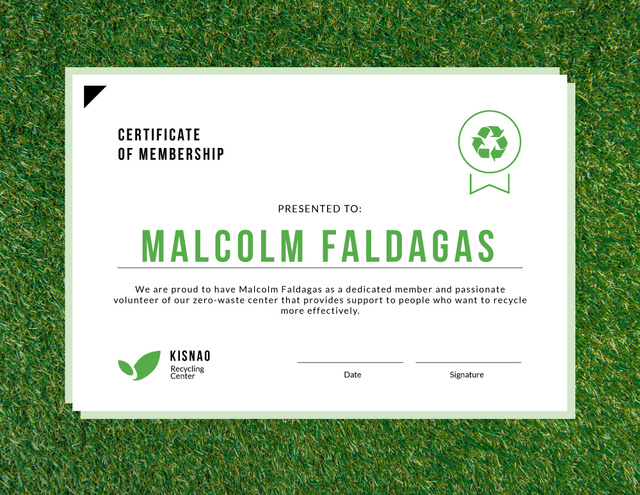 Zero waste center Membership on green grass Certificate Šablona návrhu