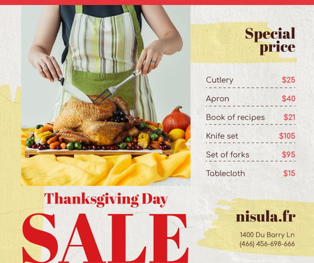 Ontwerpsjabloon van Facebook van Thanksgiving Sale Woman Cutting Roasted Turkey