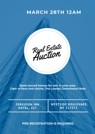 Real Estate Auction with Skyscraper in Blue Poster Design Template