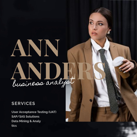 Üzleti elemzői szolgáltatások hirdetése barna öltönyös nővel Animated Post tervezősablon