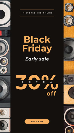 Designvorlage Black Friday Sale with Black large speakers für Instagram Story