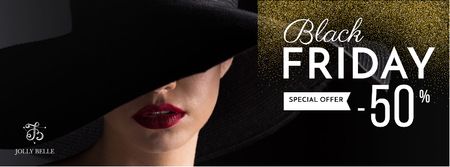 Designvorlage Black friday special offer with Woman in stylish hat für Facebook cover