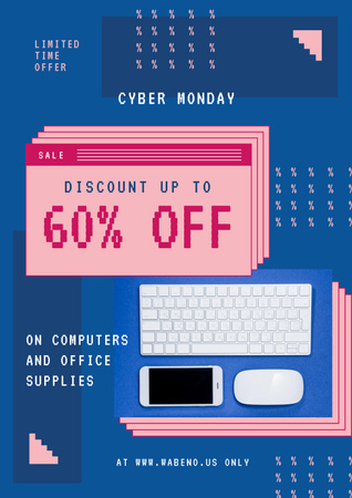 Platilla de diseño Cyber Monday Sale with Keyboard and Gadgets in Blue Poster