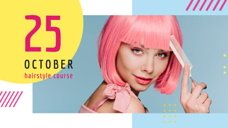Template di design Hairstyle Course Ad Girl with Pink Hair FB event cover