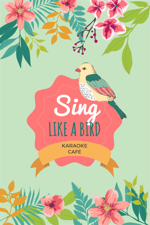 Platilla de diseño Karaoke Cafe Ad with Cute Singing Bird in Flowers Pinterest