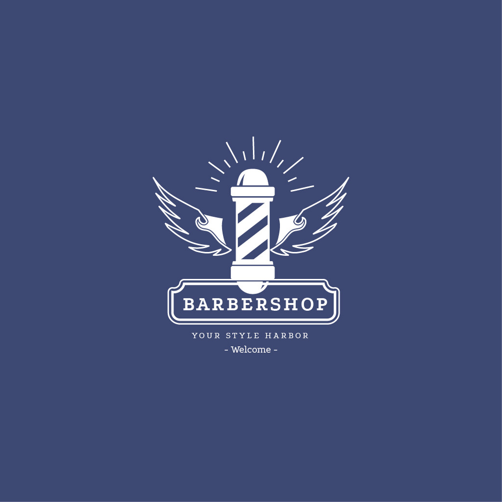 Barbershop Ad with Striped Lamp in Blue Logo Modelo de Design