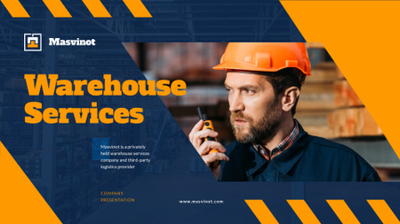 Platilla de diseño Warehouse Services Ad with Man in Hard Hat Presentation Wide