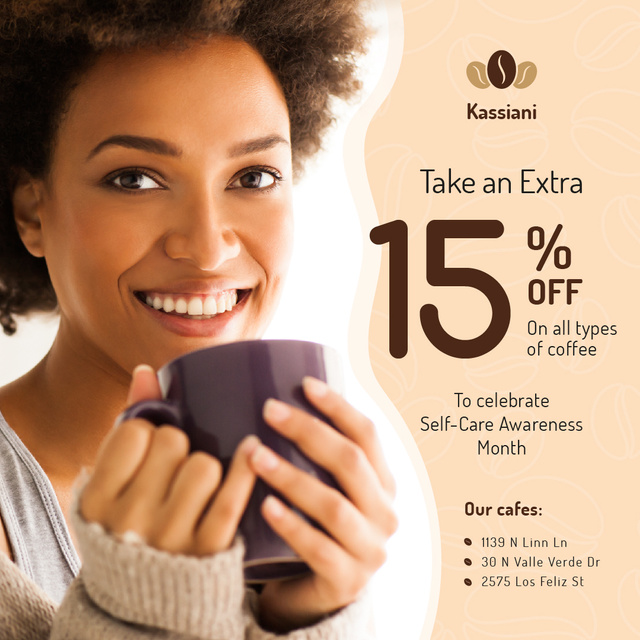 Self-Care Awareness Month Cafe Promotion Woman with Cup Instagram Modelo de Design