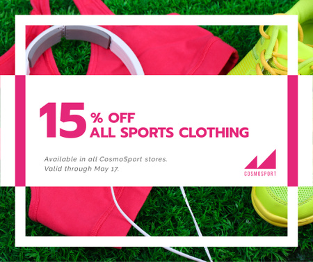 Sports clothing sale ad with Headphones and Sneakers Facebook Design Template