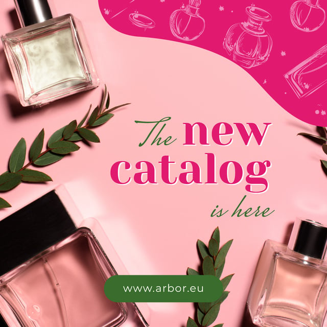 Designvorlage Glass bottles with Perfume for catalog in pink für Instagram AD