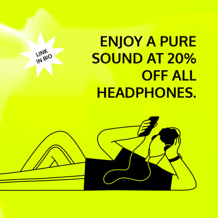 Designvorlage Headphones Sale with Man listening to Music für Instagram