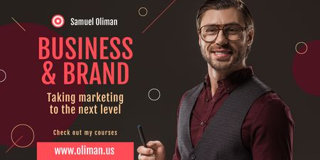 Platilla de diseño Marketing Event Announcement with Smiling Businessman Twitter