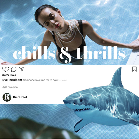 Platilla de diseño Fashionable Woman in Swimming Pool with Shark Animated Post