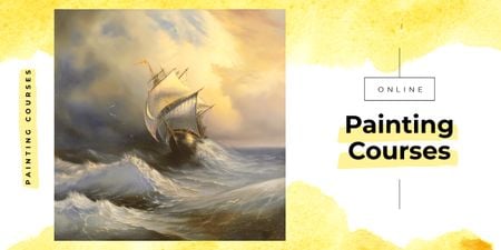 Painting with ship in sea waves Image Design Template