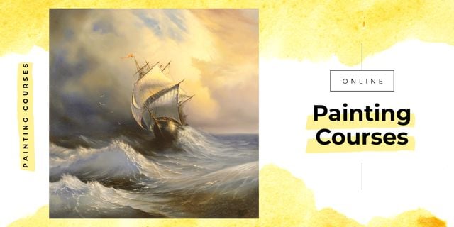 Academic Painting  Lessons with sailing ship in sea waves Image Design Template