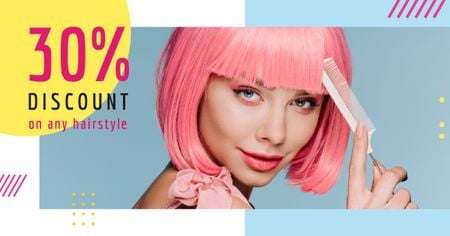 Plantilla de diseño de Peinado Discunts Ad Girl con cabello rosado Facebook AD 