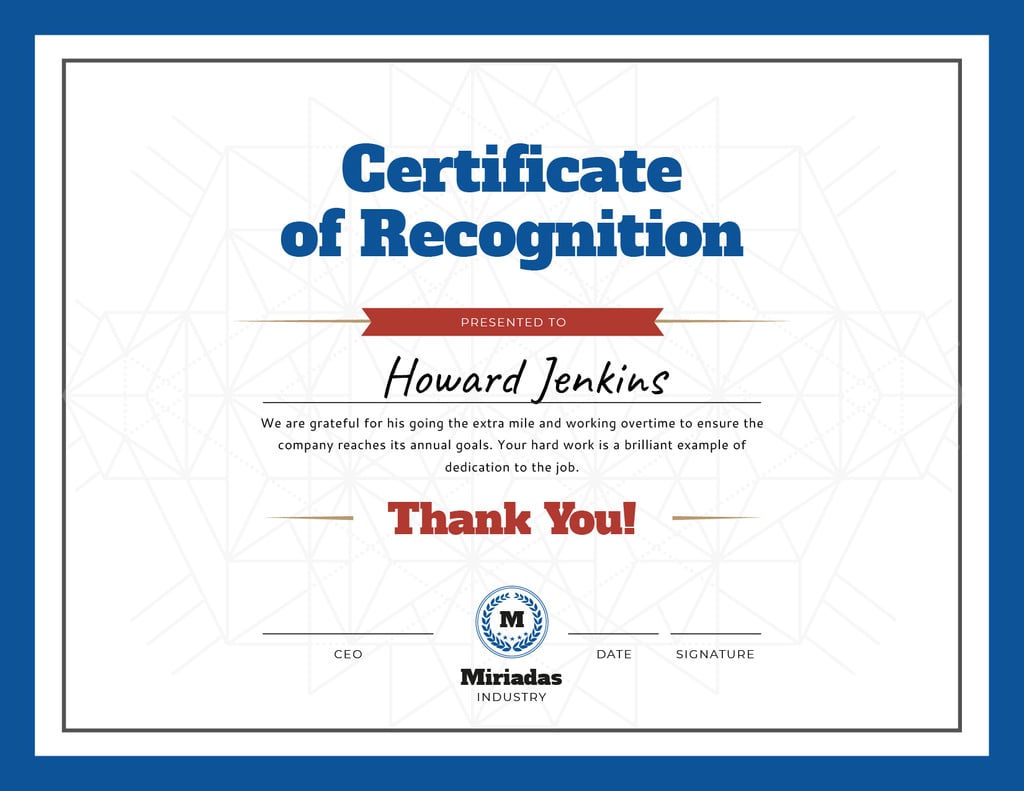 Company Employee Recognition in blue Certificate Design Template