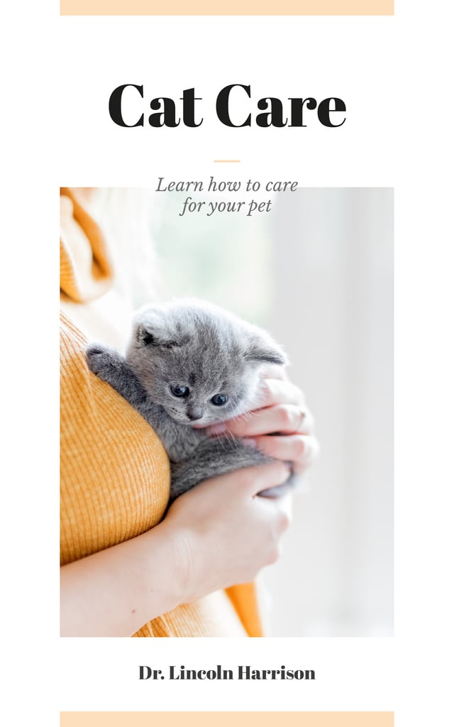 Cat Care Guide with Woman Hugging Kitten Book Cover – шаблон для дизайна
