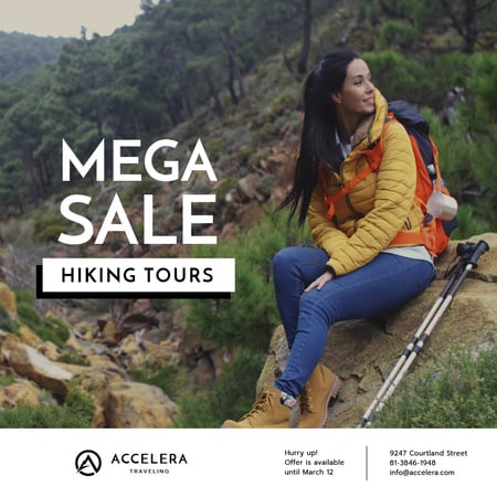 Platilla de diseño Hiking Tour Offer Woman in mountains Animated Post
