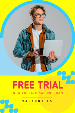 Education Courses Ad with Smiling Man with Laptop Pinterest Modelo de Design