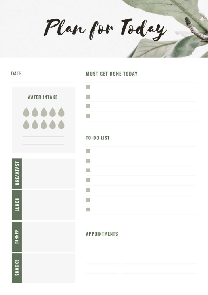 Daily Planner with Green Leaves Schedule Planner Design Template