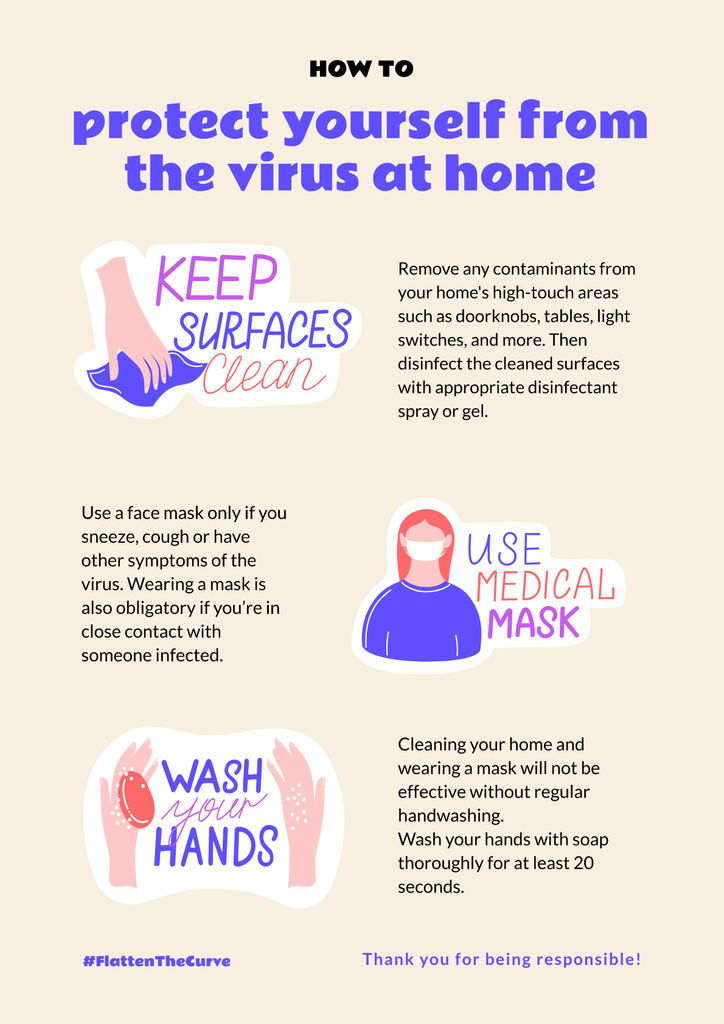 Ontwerpsjabloon van Poster van #FlattenTheCurve of Coronavirus with Protective measures instruction