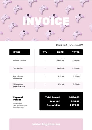 VR Items Bill on Pink Invoice Design Template
