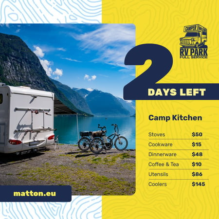 Ontwerpsjabloon van Instagram AD van Camping Kitchen Equipment Ad Travel Trailer by Lake