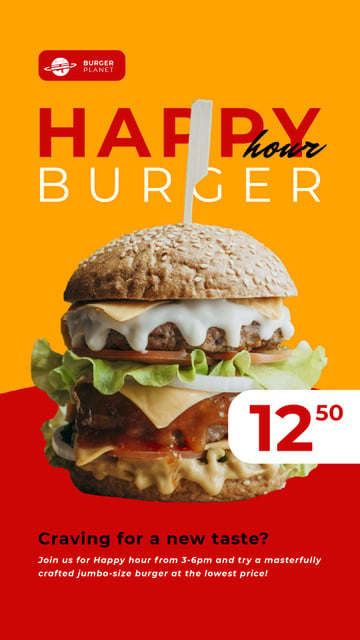 Happy Hour Offer Mouthwatering Burger Instagram Video Storyデザインテンプレート