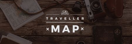 Traveller map  poster with vintage photo camera Twitter Design Template