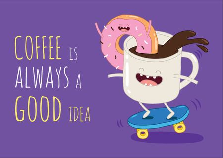 Platilla de diseño Coffee Cup Riding Skateboard Postcard