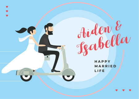 Designvorlage Wedding Greeting Couple of Newlyweds Riding Scooter für Card