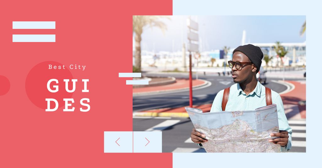 City Guide Man with Map on Street Facebook AD Modelo de Design