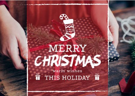 Template di design Merry Christmas Greeting with Woman Wrapping Gift Postcard