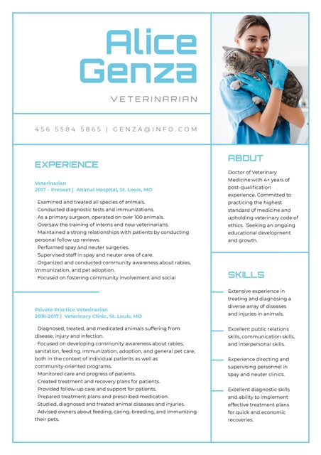 Veterinarian skills and experience on Medicine Resume tervezősablon
