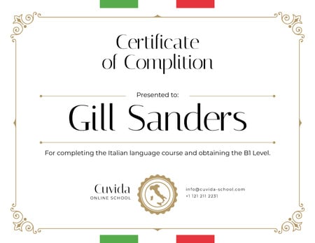 Ontwerpsjabloon van Certificate van Italian Language School courses Completion confirmation