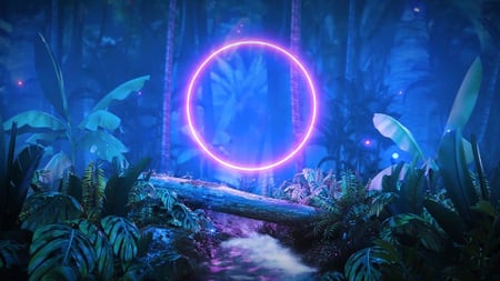 Plantilla de diseño de círculo de neón brillante en el bosque nocturno Zoom Background 