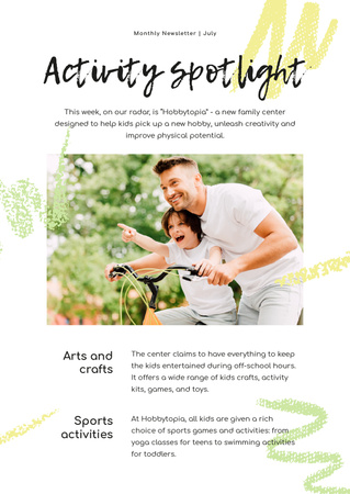 Plantilla de diseño de Activity Spotlight with Father and son on Bicycle Newsletter 
