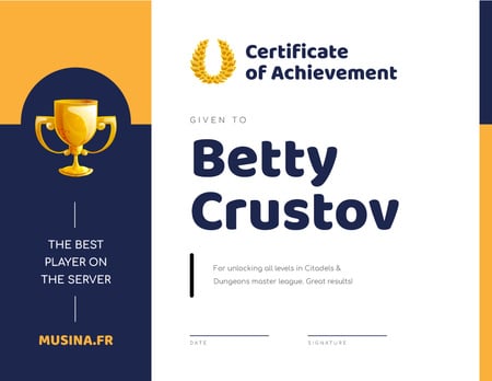 Designvorlage Online game Achievement with cup für Certificate