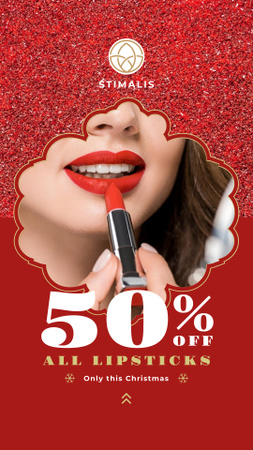 Szablon projektu Cosmetics Christmas Sale Woman Applying Lipstick Instagram Story