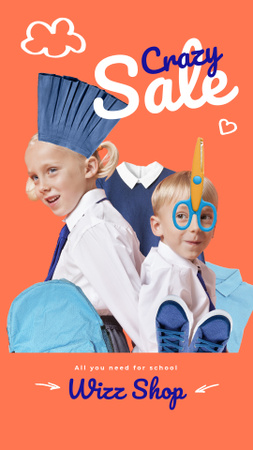 School Sale Offer Kids in Uniform and Stationery Instagram Video Story Modelo de Design