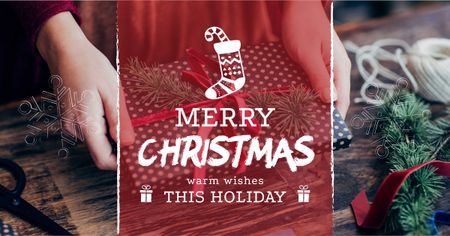 Christmas Greeting Woman wrapping Gift Facebook AD Tasarım Şablonu