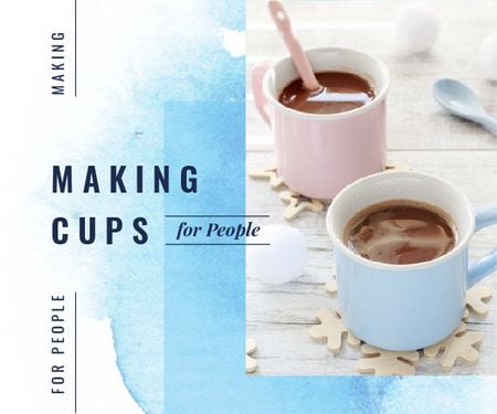 Cafe Ad Cups with Hot Cocoa in Blue Medium Rectangle Modelo de Design