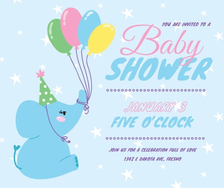 Funny elephant with balloons for Baby Shower Facebook Modelo de Design