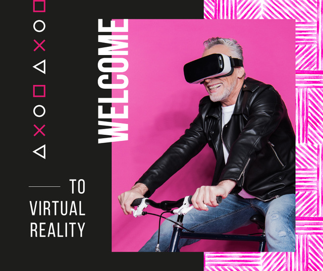 Man using vr glasses on bicycle Facebook Design Template