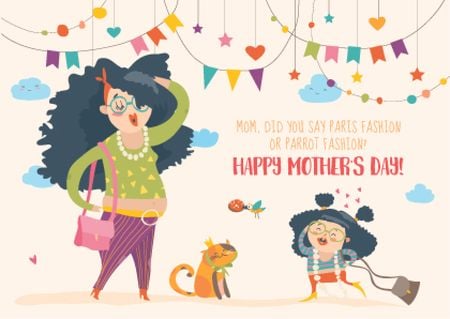 Happy Mother's Day postcard with funny Mom and daughter Postcard Design Template