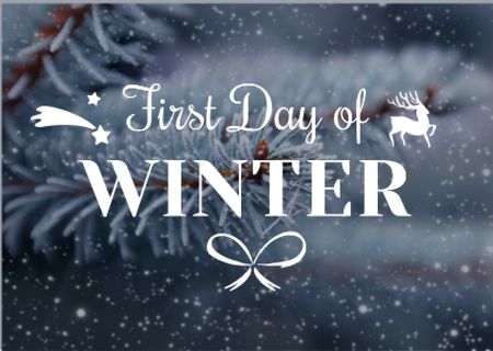 First day of winter with frozen fir tree branch Card Modelo de Design