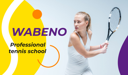 Tennis School Ad Woman with Racket Business card Design Template