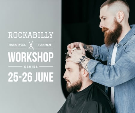 Szablon projektu Hairstyles workshop ad with client at Barbershop Facebook