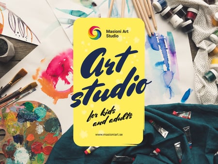 Plantilla de diseño de Art Classes Ad with Supplies and Brushes Presentation 